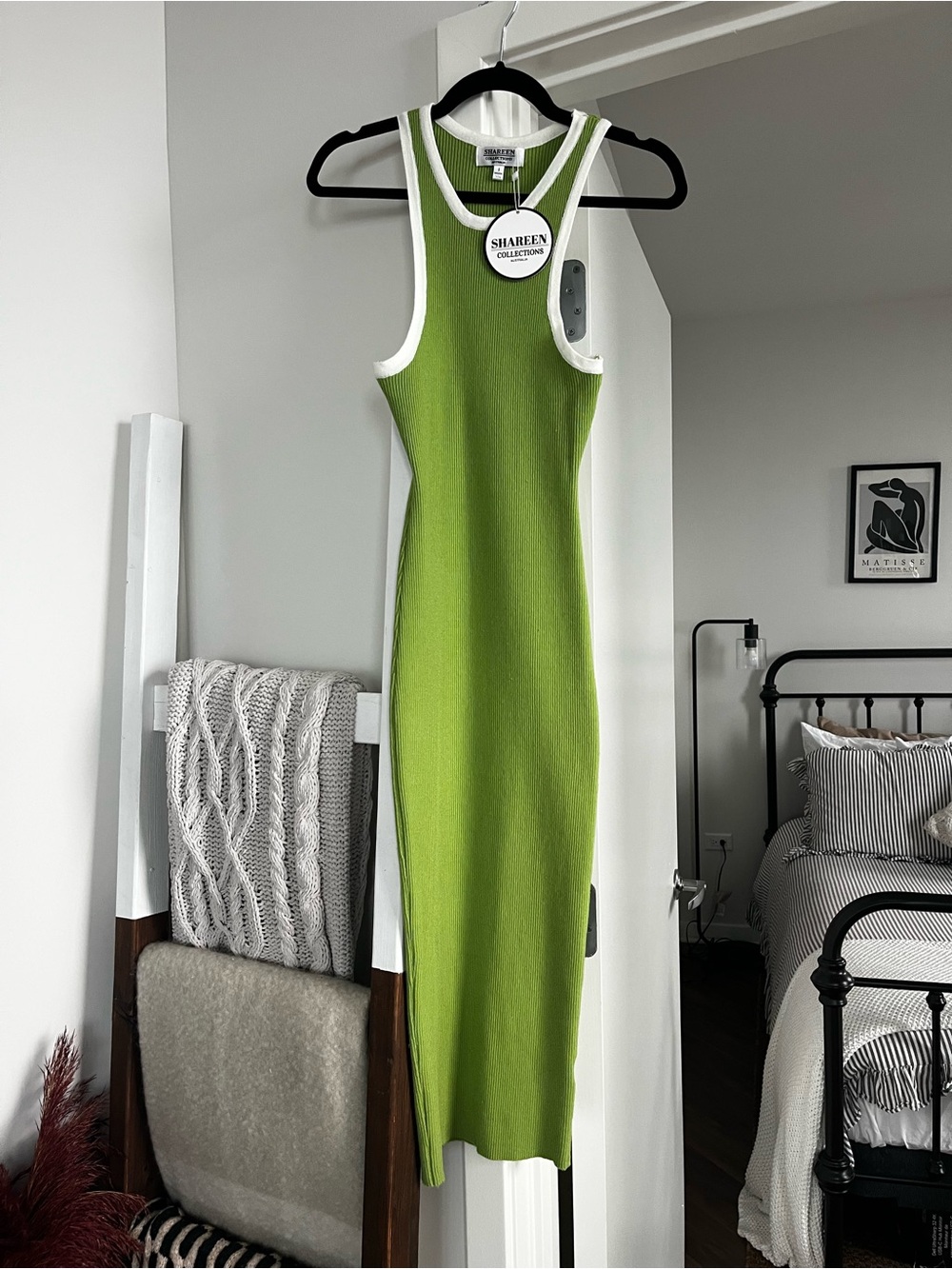 Hello Molly Lime Green Ribbed Tank Maxi Dress with White Trim